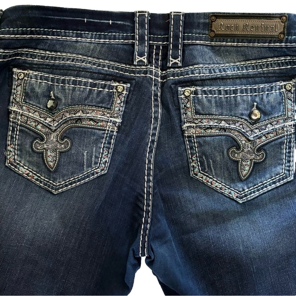 WOMENS Rock Revival "BETTY" Crystals Leather Inserts Faux Flap Boot Jeans 31x33